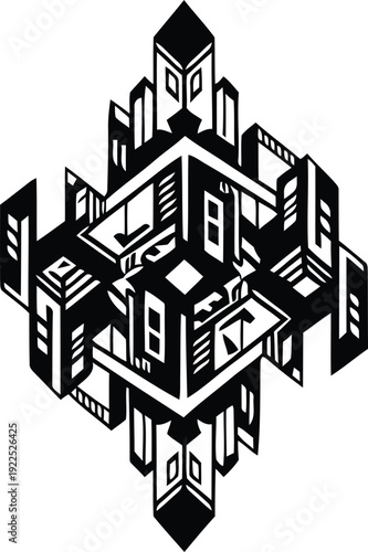 Abstract isometric city structure with geometric buildings and towers in black and white architectural silhouette style.