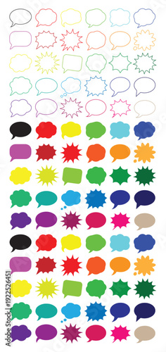 A collection of colorful speech bubbles in varying shades of teal purple and yellow