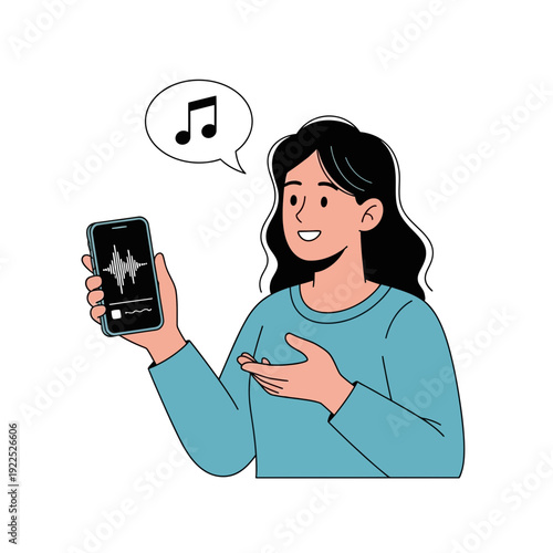 Woman singing along to music on her smartphone with a smile.