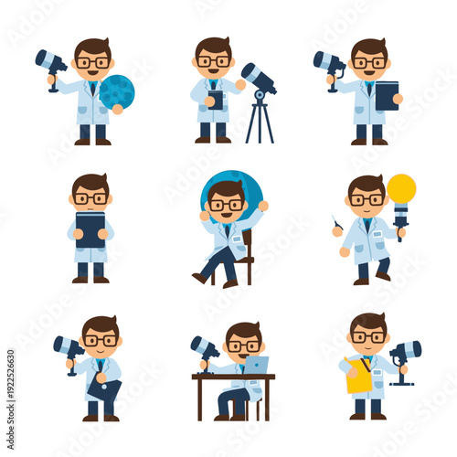 Cartoon scientists in lab coats conducting experiments and observing with equipment.