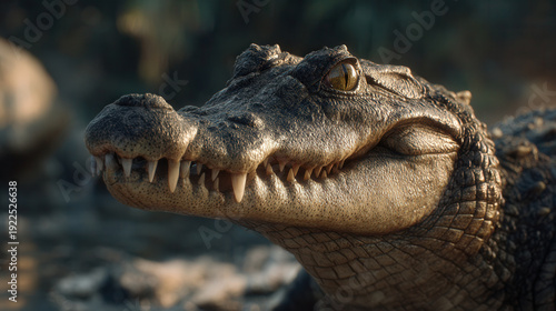 Crocodile resting near water during bright sunlight in a natural setting with plants and rocks around