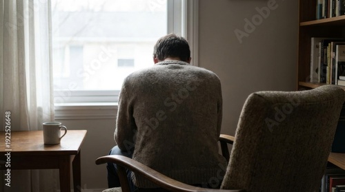 Man sits with his back to the viewer, staring out a window in a quiet room, lost in melancholic thought and solitude, holding a cup during a pensive, lonely moment