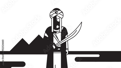 Minimalist silhouette of a warrior with a curved sword against a mountain landscape and bold monochrome contrast.