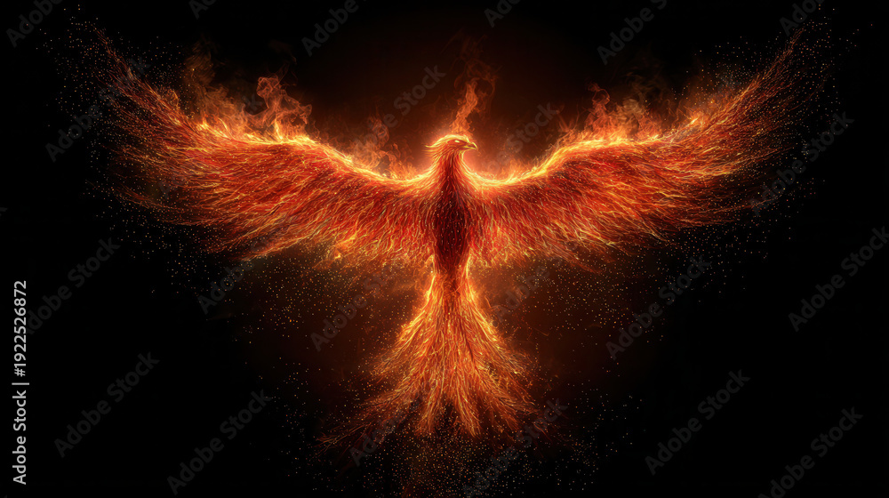 Fototapeta premium Fire phoenix rising with flames at night against a dark background