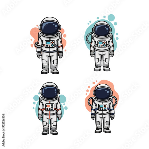 Four cartoon astronauts in different poses and suit designs.