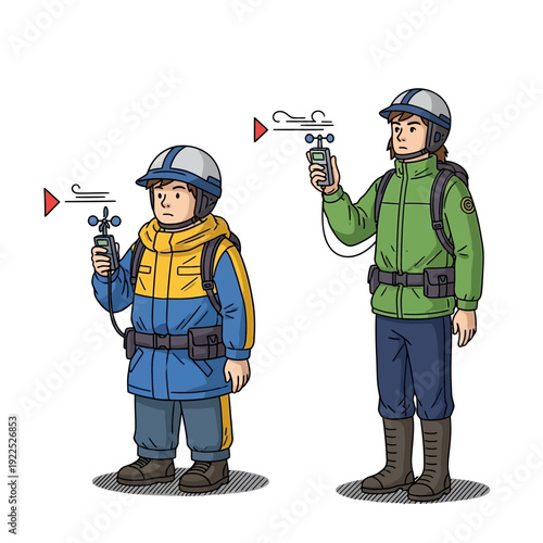 Two children dressed in winter clothing flying remote-controlled helicopters.