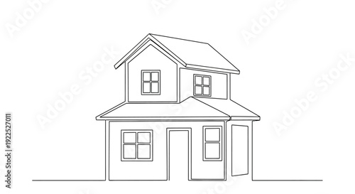 A minimalist, continuous line drawing of a two-story house with a pitched roof and multiple windows, set against a white background.