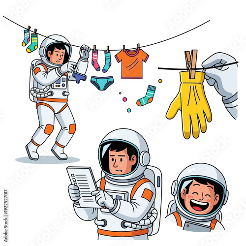 Three astronauts hanging laundry with clothesline and socks in space environment.
