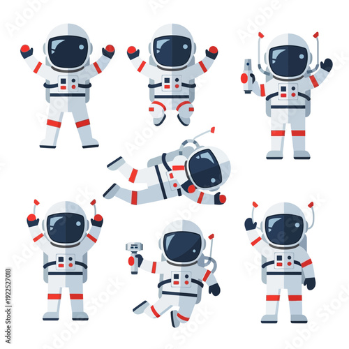 Seven cartoon astronauts in various poses, some floating and some standing.