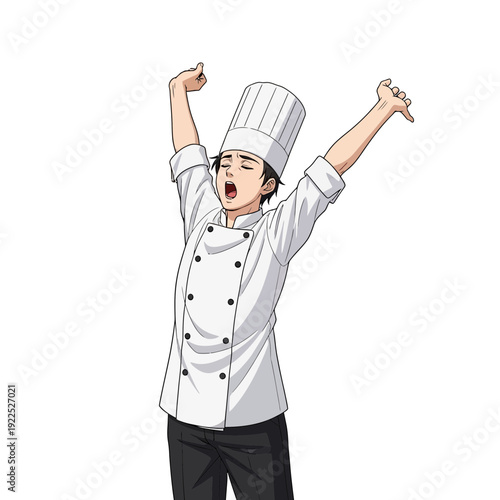 Female chef stretching with arms raised, wearing a chef's hat and uniform.