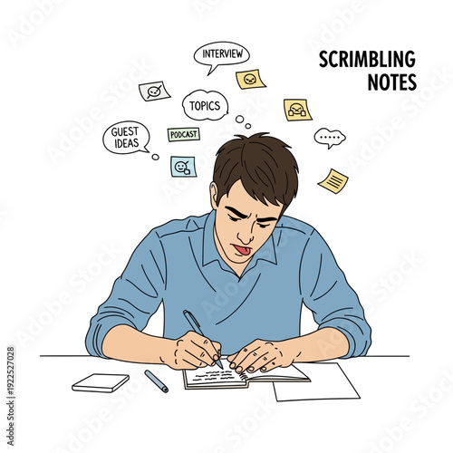 Person writing notes with various speech bubbles related to interviews and podcasts.