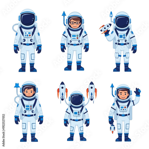 Six cartoon astronauts in space suits with rockets and gadgets.