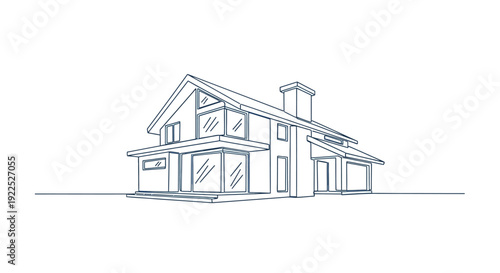 Architectural sketch of a modern two-story house with large windows and a prominent chimney, rendered in a clean, minimalist line art style.