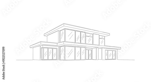 Line art sketch of a modern two-story house with large windows and a flat roof, minimalist architectural drawing.