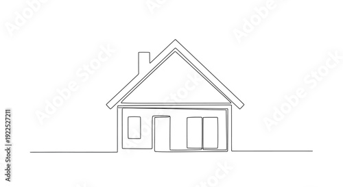 A minimalist, single-line drawing of a house with a pitched roof and a chimney, set against a white background.