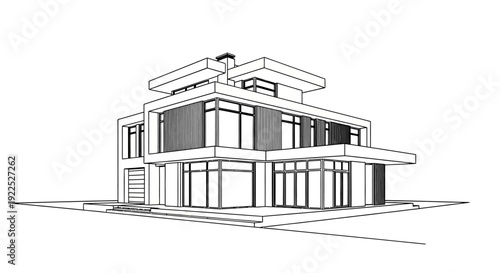 Architectural line drawing of a modern two-story house with large windows and a flat roof design.