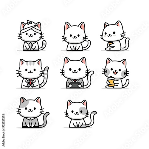 Collection of nine cartoon cats with various accessories and expressions.