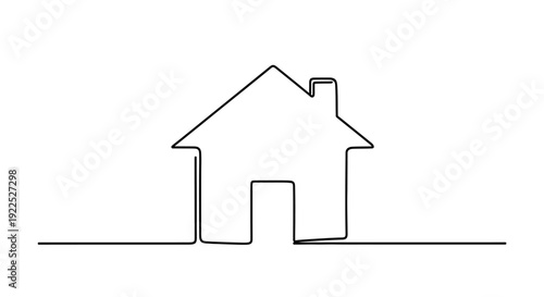 Minimalist continuous line drawing of a simple house with a pitched roof and chimney on a white background, representing home and shelter.