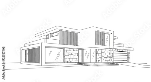 Detailed line drawing of a modern contemporary residential house with geometric architectural features.