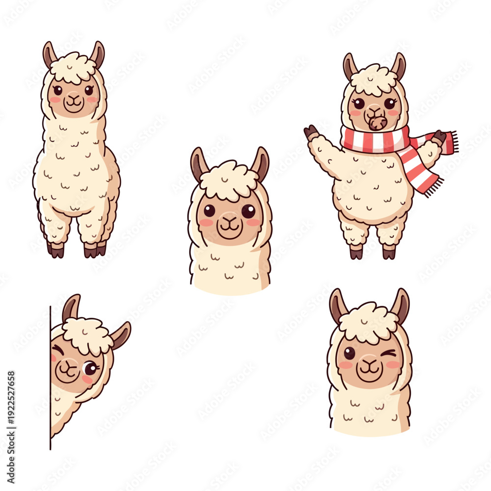 Fototapeta premium Five cartoon alpacas with different poses and accessories.