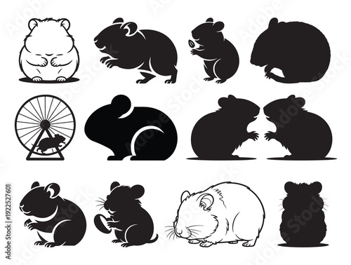 Hamster Silhouettes Set | Cute Rodent Pet Icons | Black Hamster Outline Clipart Collection