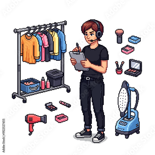 Pixel art of a woman managing clothing and beauty products with a headset.