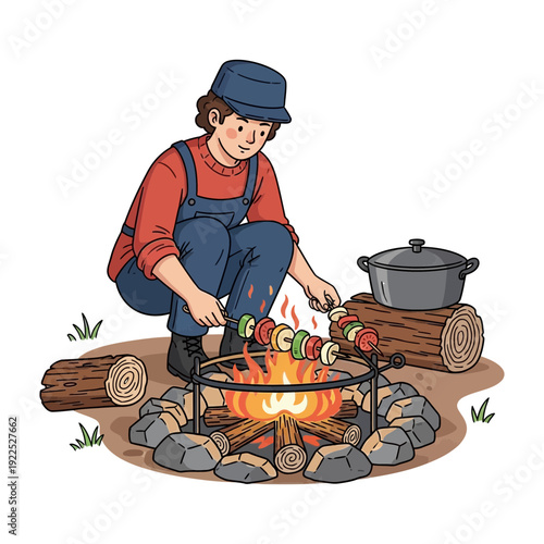 Child roasting marshmallows over an open campfire outdoors.