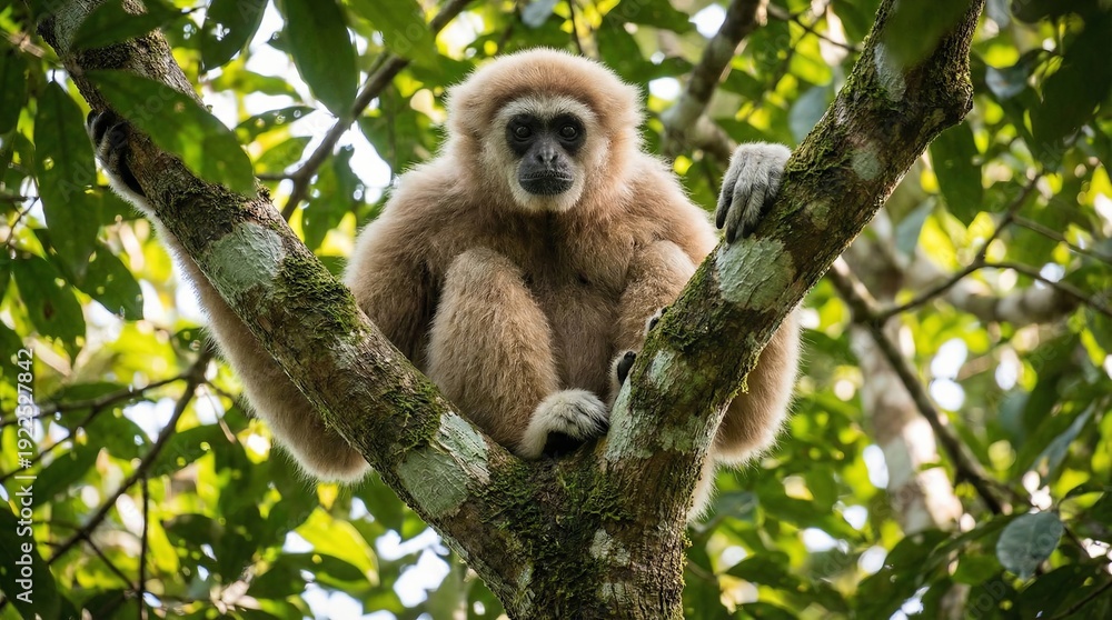 Fototapeta premium Gibbon primate perched on a mossy tree branch in a tropical forest canopy, staring intently at camera amid lush green foliage, portrait of wild arboreal life