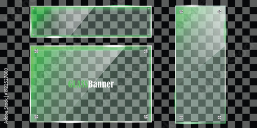 A green and grey transparent banner with a checkered background and a modern design silhouette