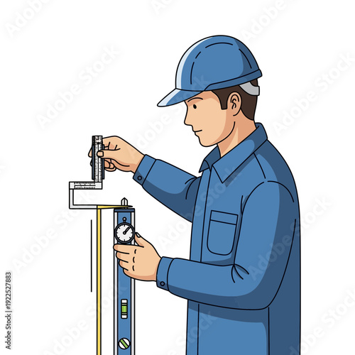 Worker in blue uniform and helmet adjusting a measuring instrument.