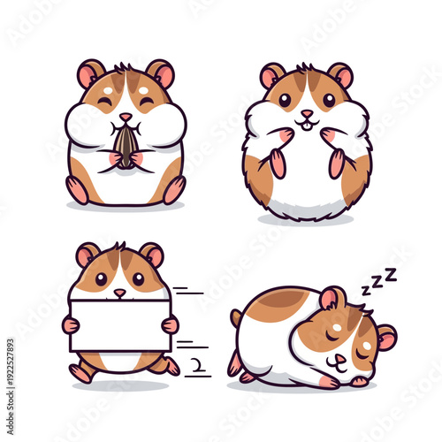Four cartoon hamsters in various poses, including holding, standing, measuring, and sleeping.
