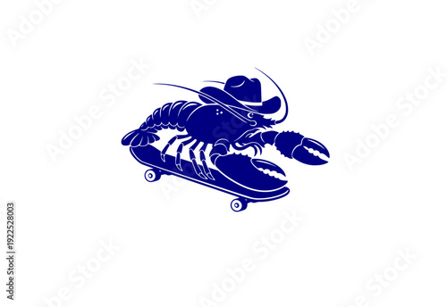 Funny Lobster Wearing Cowboy Hat on Skateboard Sticker Silhouette. Quirky Surreal Silliness and Humorous Character Design Vector.