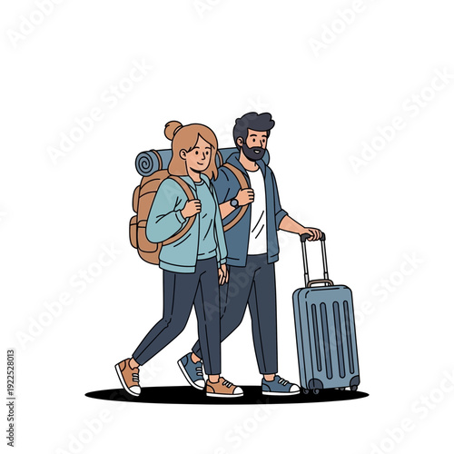 Young couple with backpacks and suitcase traveling together.
