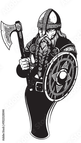 Illustrated Viking warrior with axe and shield ready for battle.