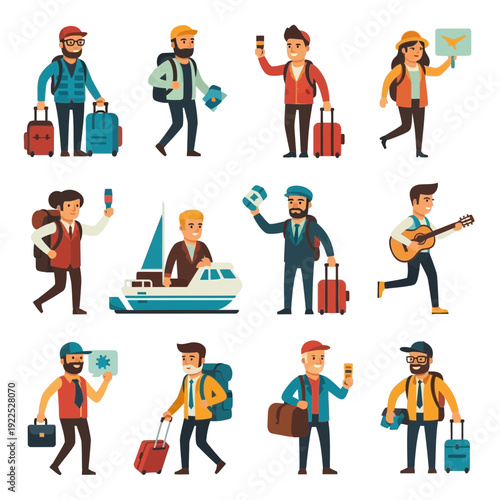 Group of diverse travelers with luggage and travel accessories.