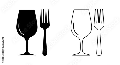 Wine glass and fork icon set minimalist black and white flat design vector illustration Vector