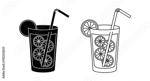 Refreshing lemonade drink with citrus slices and straws in glasses Vector