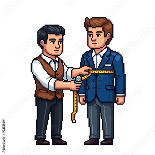 Two pixel art characters, one measuring the other's suit jacket.