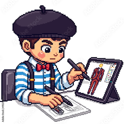 Child drawing fashion design on a digital tablet with stylus.