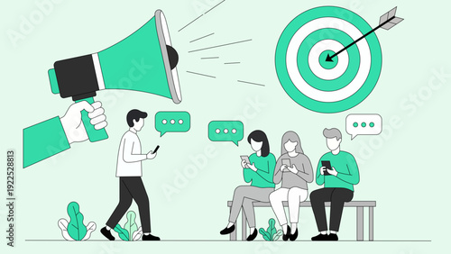 Social media marketing concept: Megaphone blast towards a group of people on a bench using smartphones, target icon and speech bubbles representing outreach and connection.