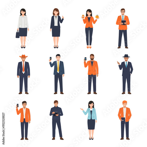 Collection of diverse business professionals in formal attire, some holding devices or drinks.