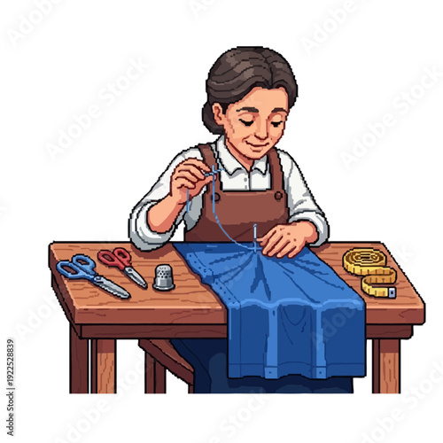 Woman sewing a blue fabric on a wooden table with sewing tools.