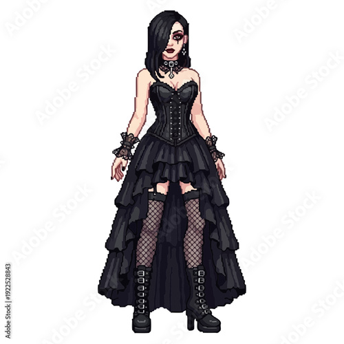 Digital illustration of a woman in gothic fashion with black dress and accessories.