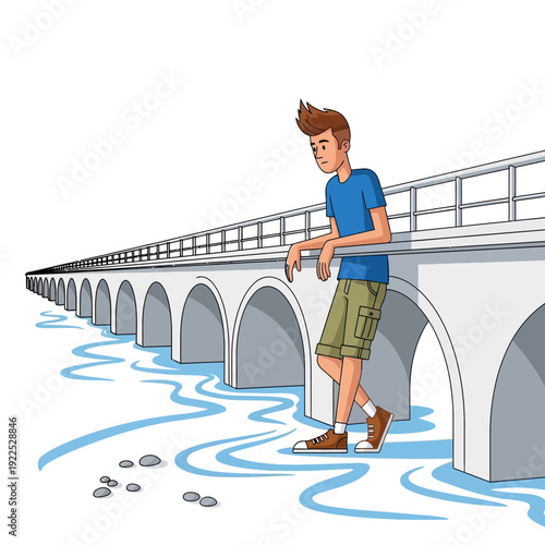 Cartoon boy leaning on bridge railing over water with rocks below.