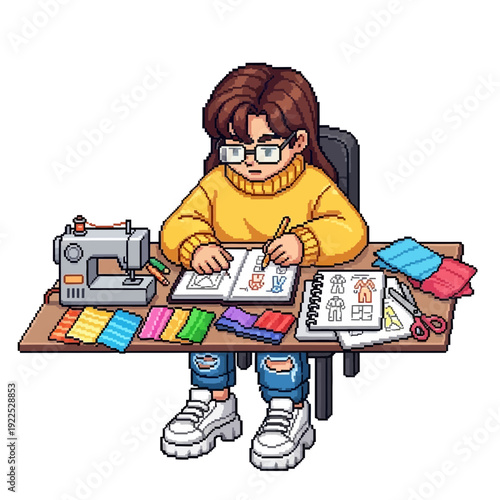 Person sewing fabric at a desk with sewing machine and supplies.