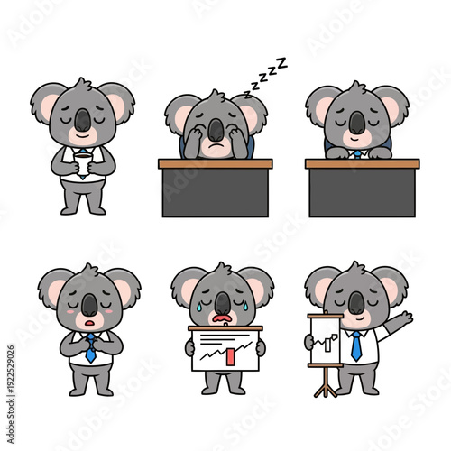 Series of koalas in various professional and emotional states at work.