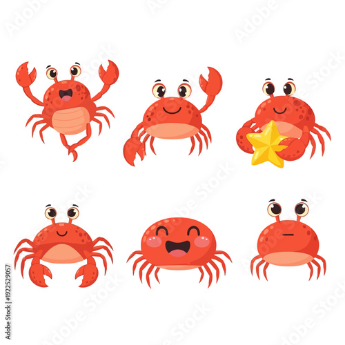 Six cartoon crabs with different facial expressions and accessories.