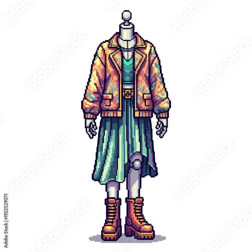 Pixel art of a mannequin dressed in a colorful jacket, dress, and boots.