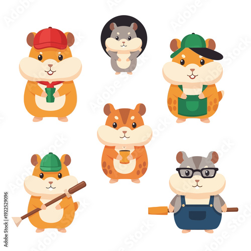 Collection of cartoon hamsters dressed in various outfits and accessories.