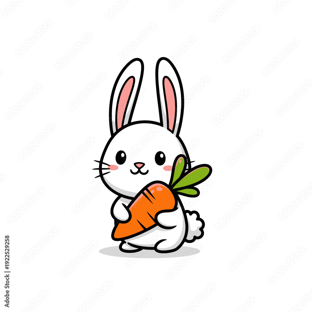 Obraz premium Cute cartoon rabbit holding a carrot with pink ears and big eyes.